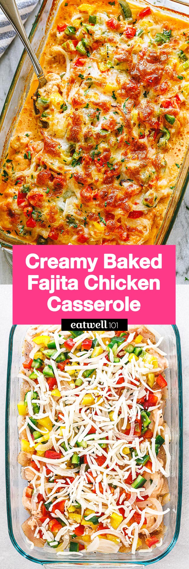 Creamy Baked Fajita Chicken Casserole - #chicken #casserole #recipe #eatwell101 - This creamy chicken fajita casserole is nourishing and packs a punch of flavor. We just know y’all are going to love it!