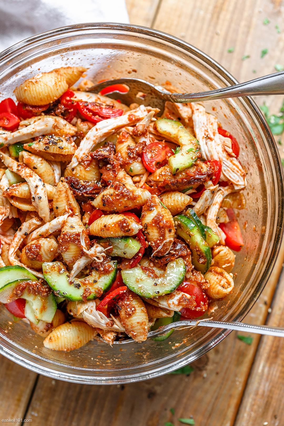 Healthy Roasted Chicken Pasta Salad Recipe with Cucumber, Tomato, and