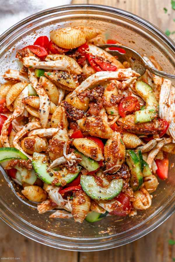 Healthy Chicken Pasta Salad with Cucumber and Parmesan Balsamic Dressing