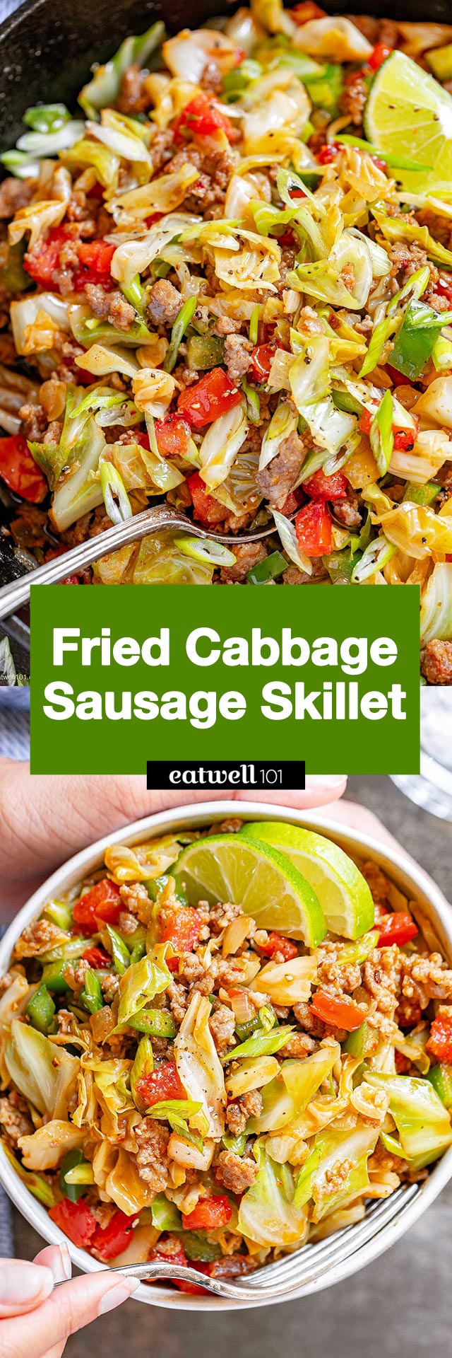 Fried Cabbage Sausage Skillet Recipe - #cabbage #sausage #eatwell101 #recipe - This fried cabbage and smoked sausage recipe is just the perfect way to pt dinner on the table in under 30 minutes, using just one pan! 