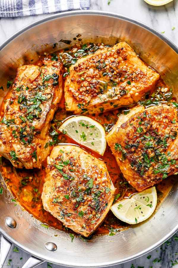 Lemon Garlic Butter Baked Cod Fillets - #recipe by #eatwell101 - https://www.eatwell101.com/lemon-garlic-butter-baked-cod-fillets-recipe
