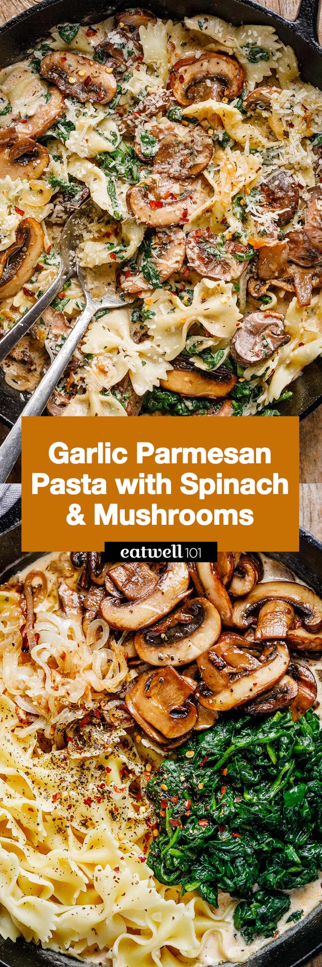 One-Pot Garlic Parmesan Pasta Recipe with Spinach and Mushrooms - #pasta #recipe #eatwell101 - This creamy parmesan spinach mushroom pasta skillet is the ultimate win for easy weeknight dinners! 