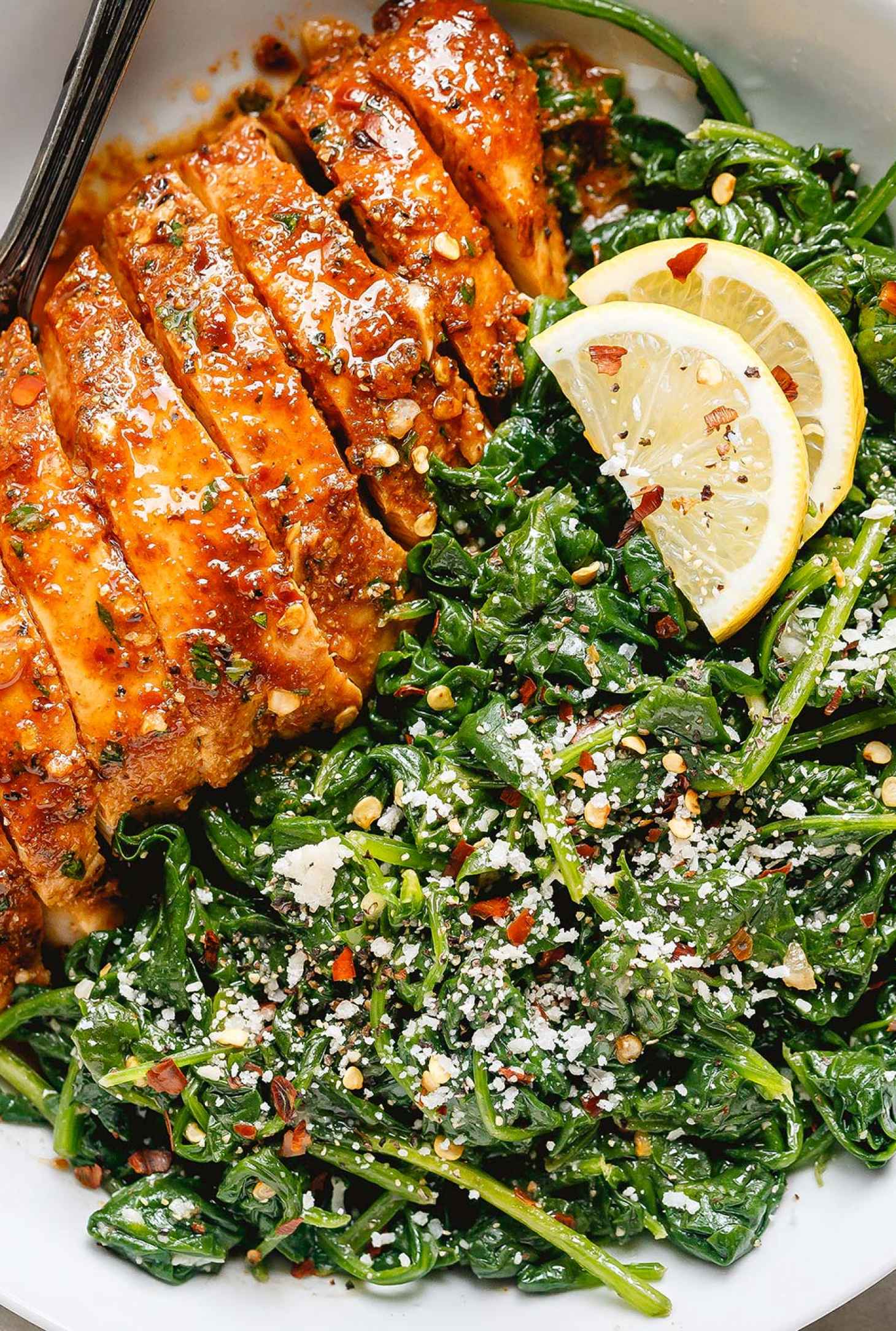 Asado Chicken with Sautéed Garlic Spinach - #recipe by #eatwell101 - https://www.eatwell101.com/asado-chicken-recipe