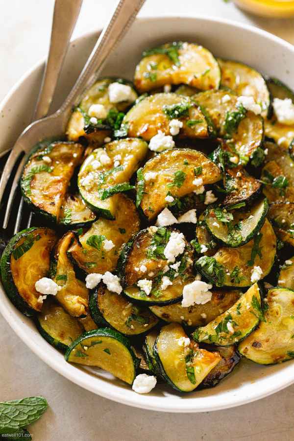 Roasted Zucchini Salad - #recipe by #eatwell101 - https://www.eatwell101.com/roasted-zucchini-salad-with-feta-and-italian-dressing