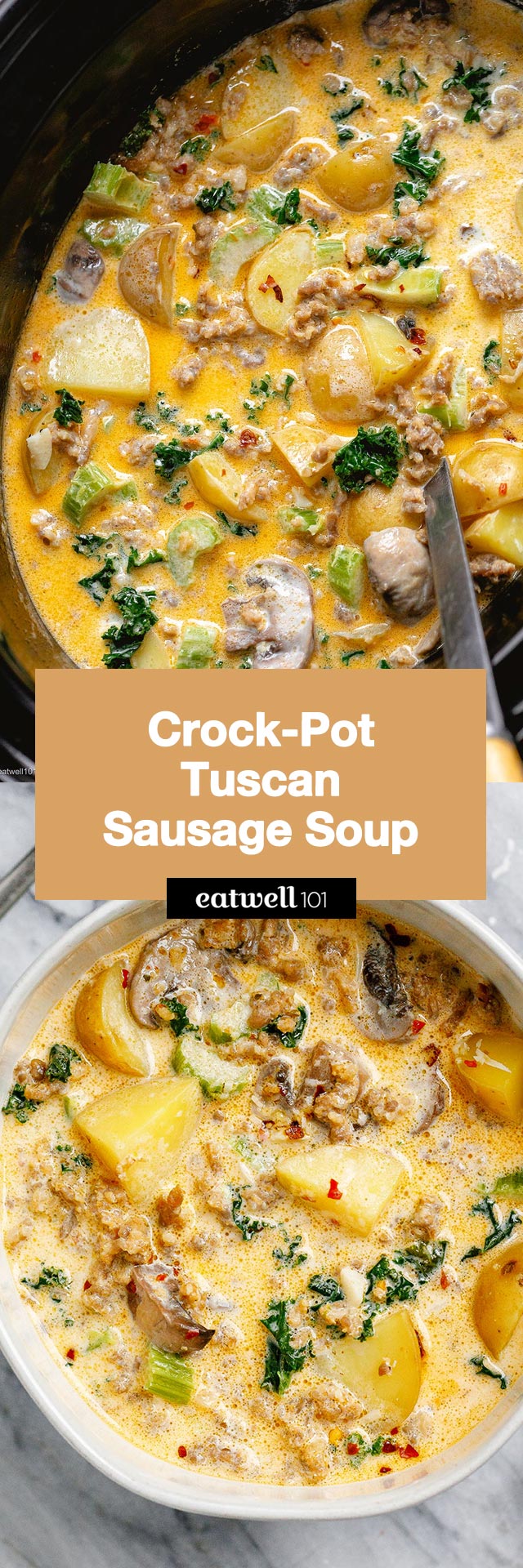 Crock-Pot Tuscan Sausage Soup Recipe - #crockpot #sausage #tuscan #soup #recipe #eatwell101 - This Crock-Pot Tuscan Sausage Soup is a hearty, veggie-filled comfort food option for cold days!