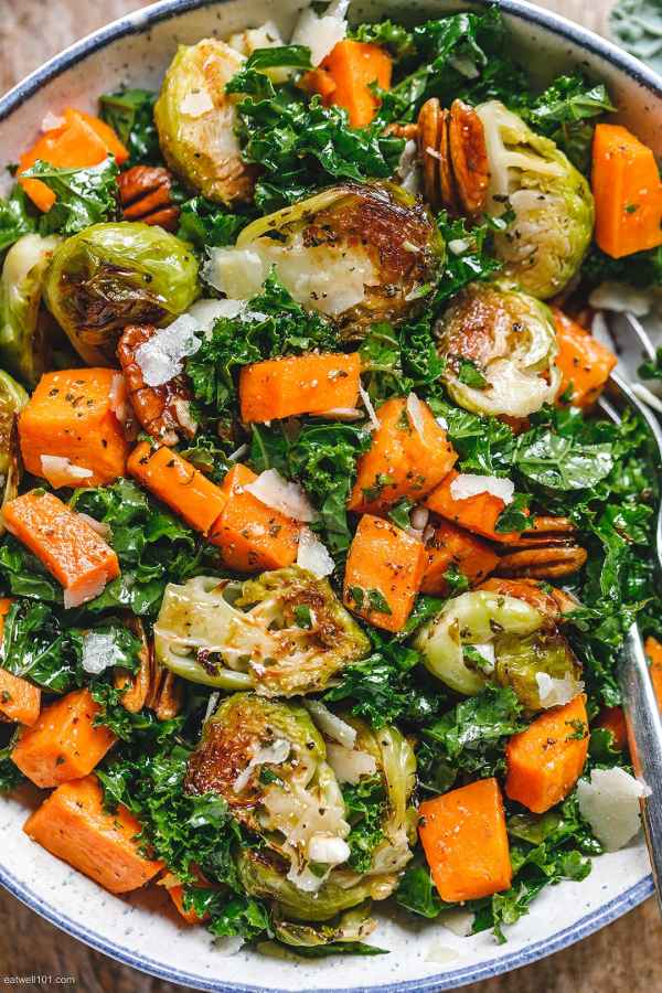 Sweet Potato, Brussels Sprout & Kale Salad - #recipe by #eatwell101 - https://www.eatwell101.com/roasted-sweet-potato-brussels-sprout-kale-salad-recipe