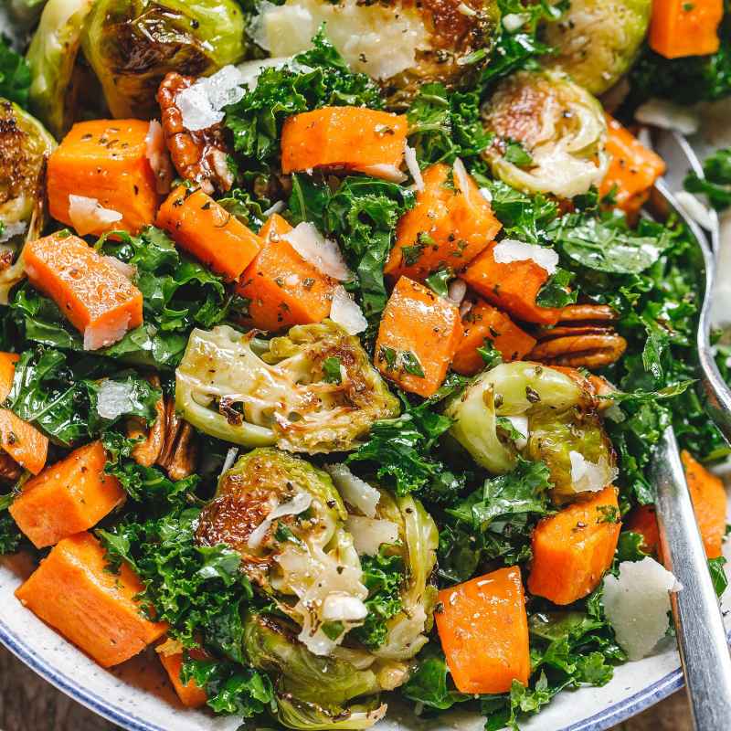 Roasted Sweet Potato Brussels Sprout Kale Salad Recipe Roasted