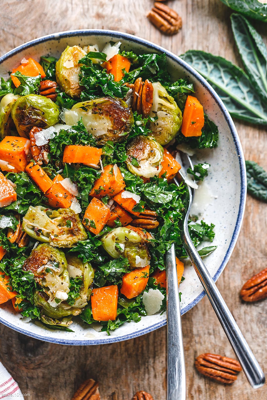 Roasted Sweet Potato Brussels Sprout Kale Salad recipe