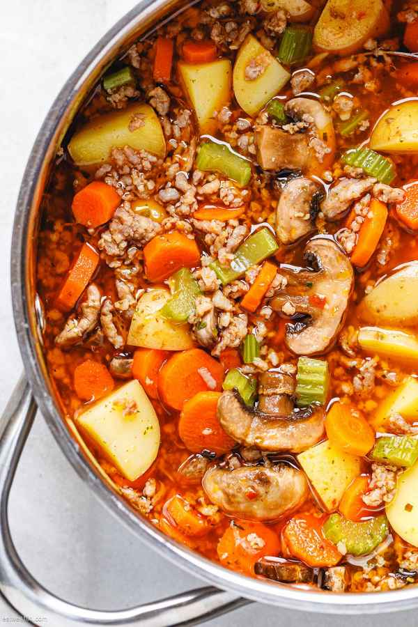 Sausage Potato Soup with Carrot, Celery, and Mushrooms - #recipe by #eatwell101 - https://www.eatwell101.com/sausage-mushroom-potato-soup-recipe