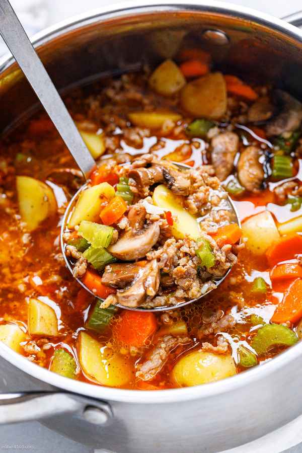 Sausage Potato Soup with Carrot, Celery, and Mushrooms