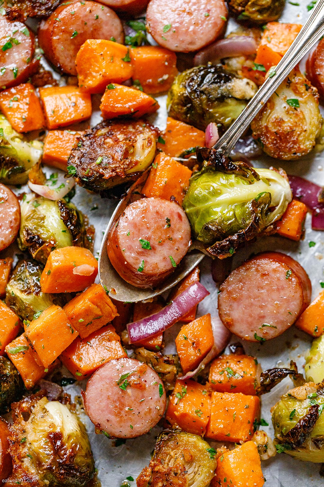 Sheet pan kielbasa, sweet potatoes and brusselsprouts 2 packages kiel