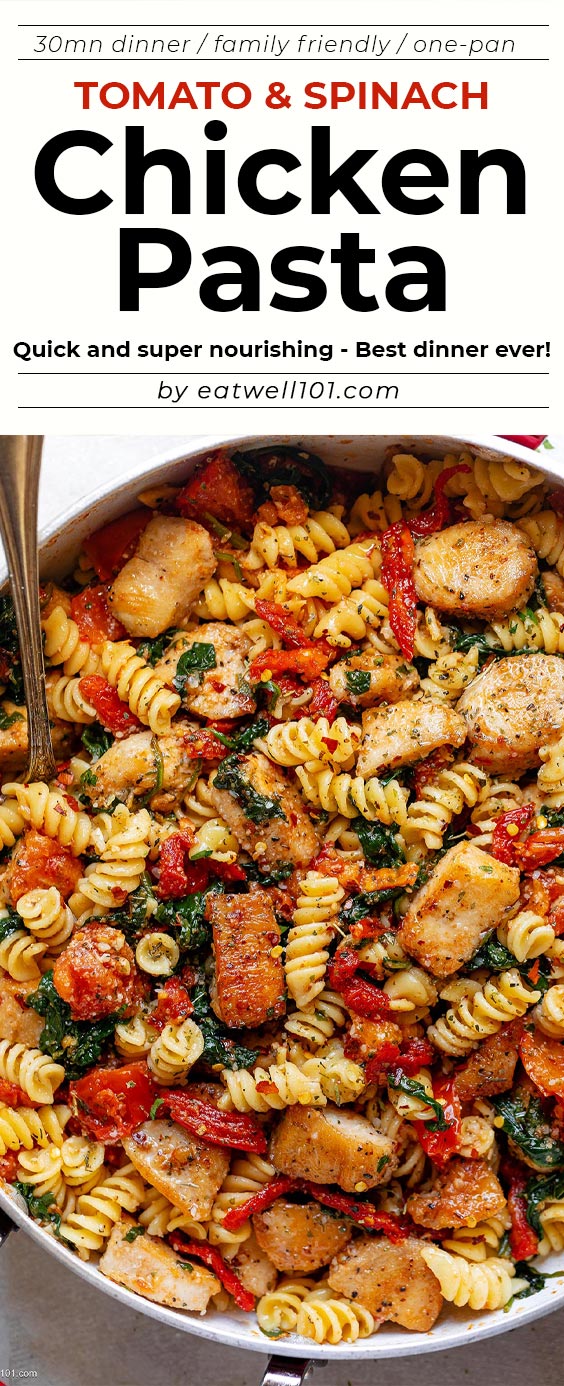 Tomato Spinach Chicken Pasta Recipe - #chicken #pasta #recipe - Give this tomato spinach chicken pasta recipe a try anytime you are craving comfort food!