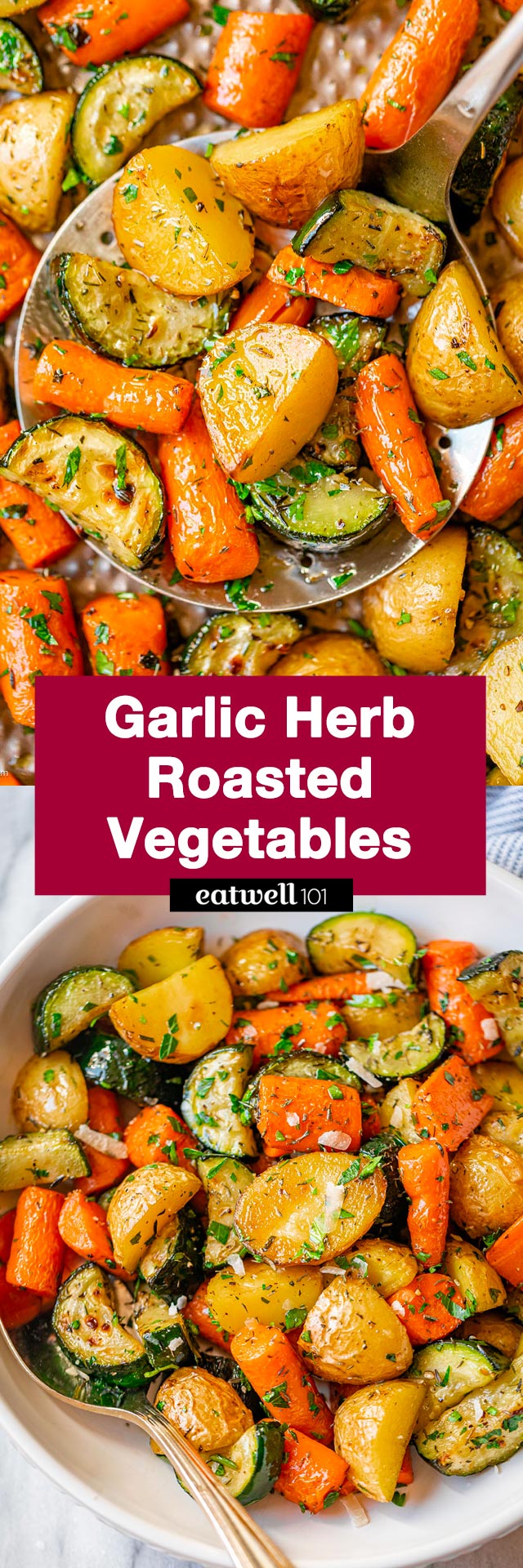 Garlic Herb Roasted Potatoes Carrots and Zucchini  - #roasted #potato #carrot #zucchini #recipe #eatwell101 - These roasted vegetables make a great savory side dish that comes together in no time and pairs well with just about anything!