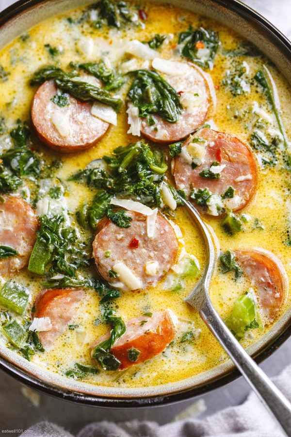 Creamy Sausage Soup With Green Vegetables - #recipe by #eatwell101 - https://www.eatwell101.com/creamy-sausage-soup-vegetables-recipe