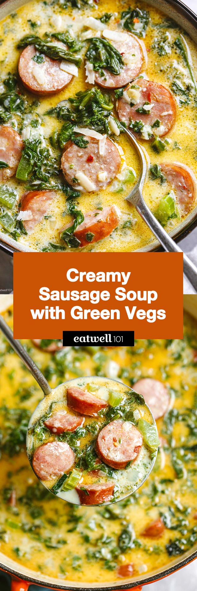 Creamy Sausage Soup Recipe With Green Vegetables - #sausage #soup #vegetables #recipe #eatwell101 - This heartwarming creamy sausage soup is delicious, nourishing, and packed with healthy vegetables!