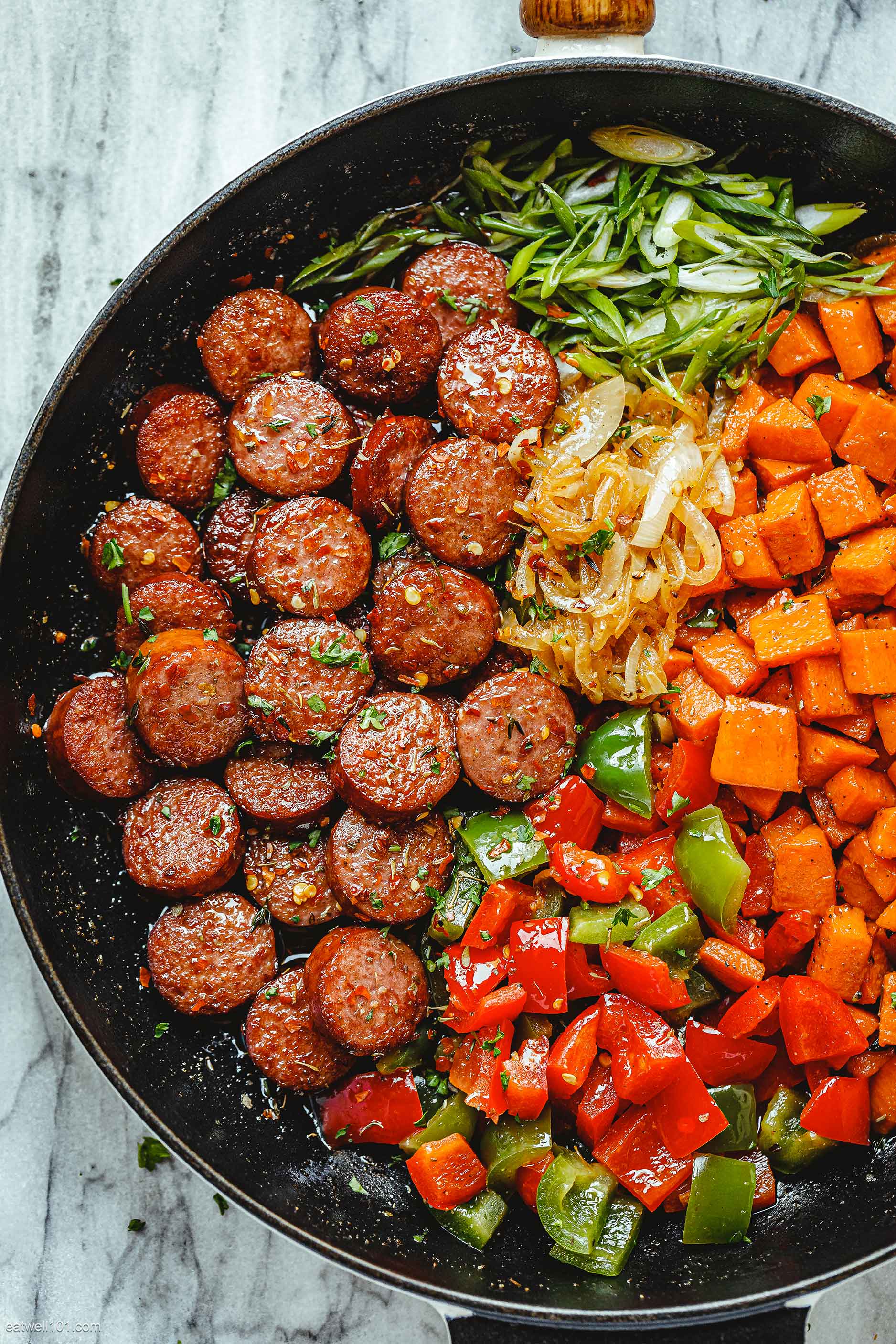 Smoked Sausage Recipe with Sweet Potato and Fried Onion