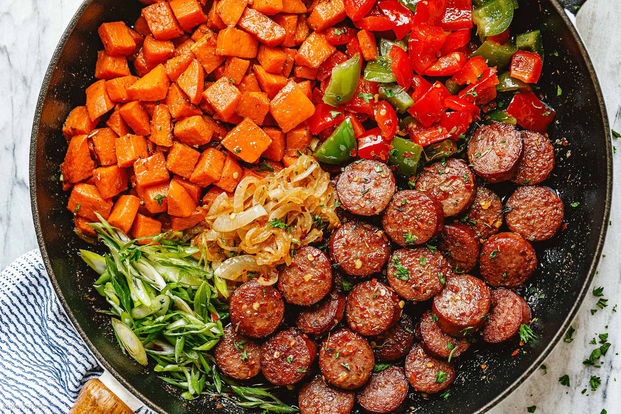 20-Minute Smoked Sausage with Sweet Potato and Fried Onion