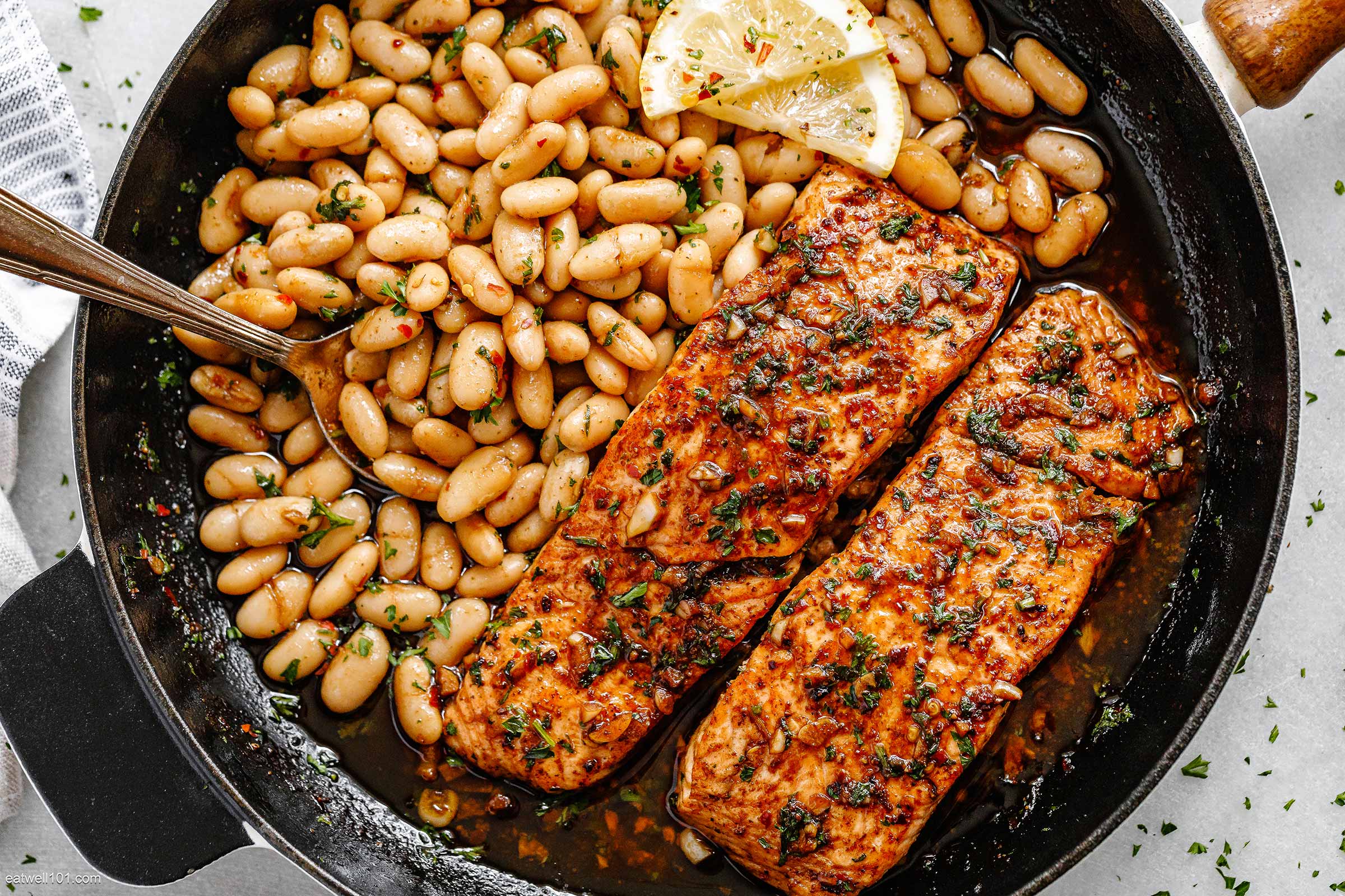 Garlic Butter Salmon and Lemon White Beans