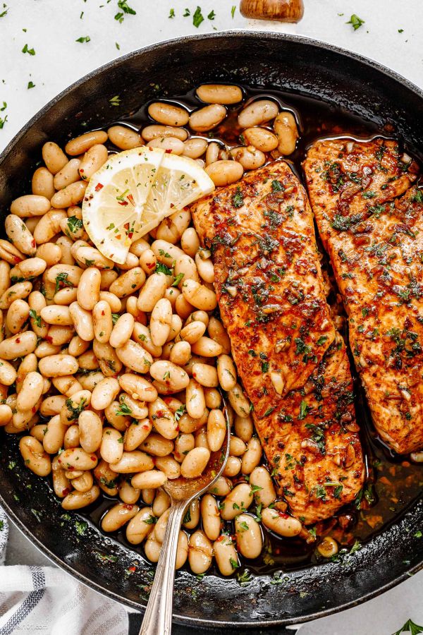 Garlic Butter Salmon and Lemon White Beans