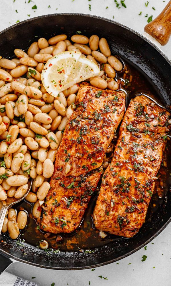 Garlic Butter Salmon and Lemon White Beans
