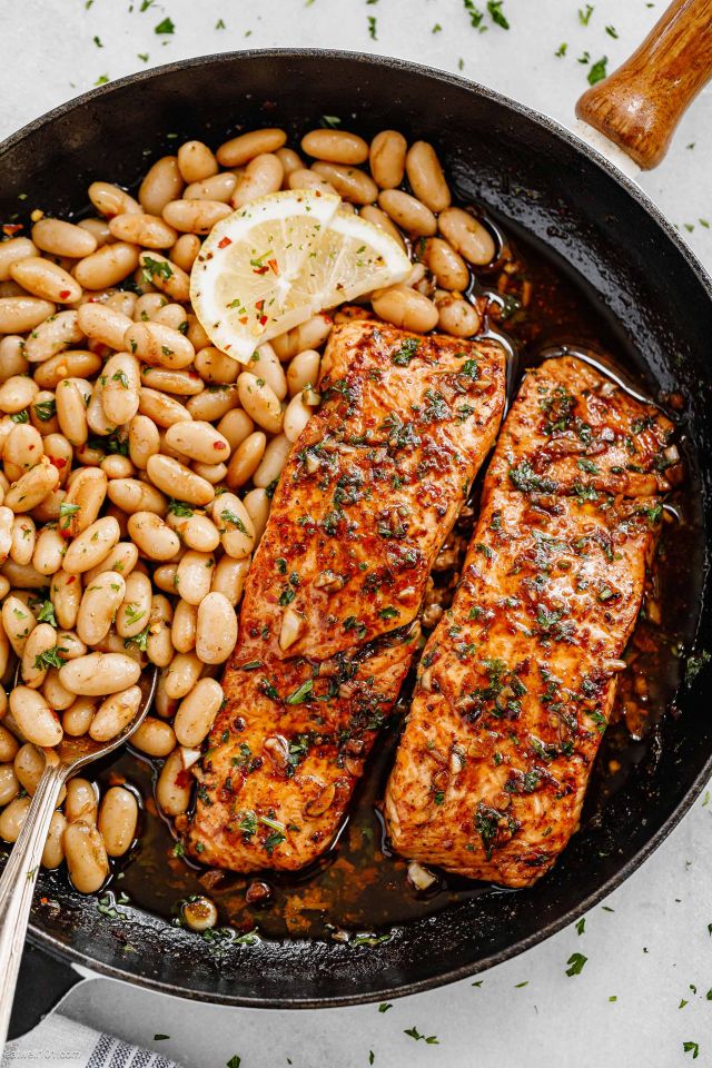 Garlic Butter Salmon and Lemon White Beans