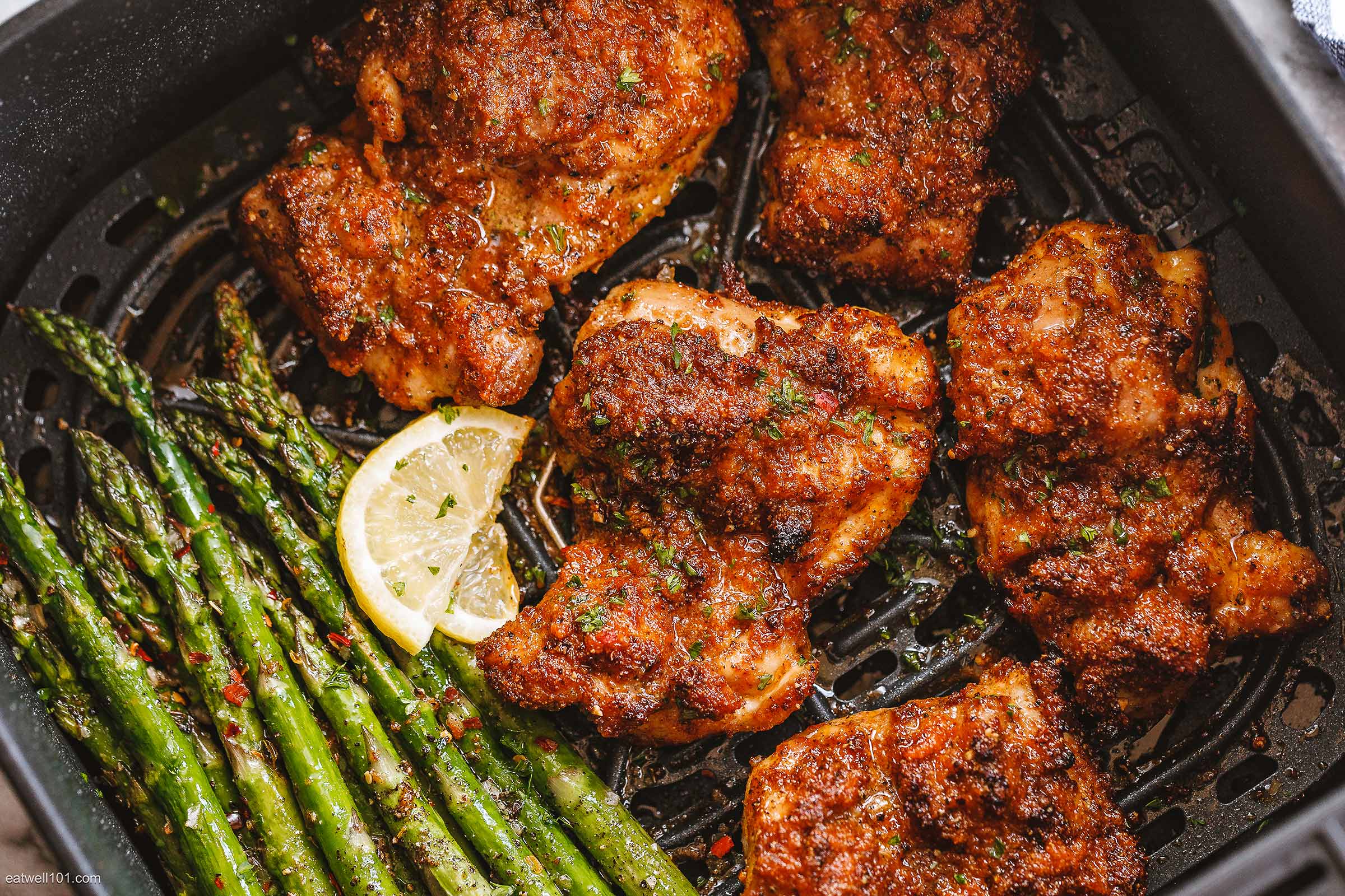 Air-Fryer Fried Chicken Thighs and Asparagus