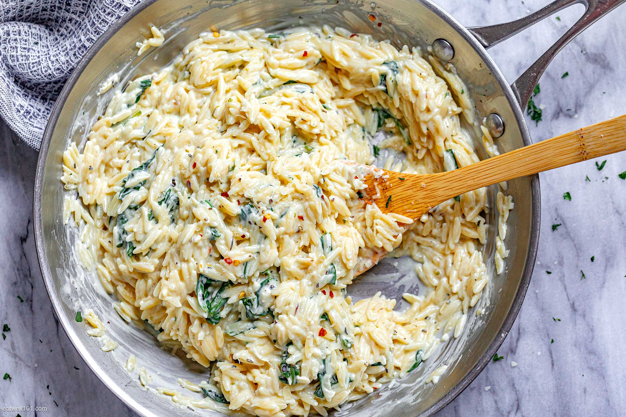 Spinach Orzo Pasta with Garlic, Parmesan & Cream Cheese