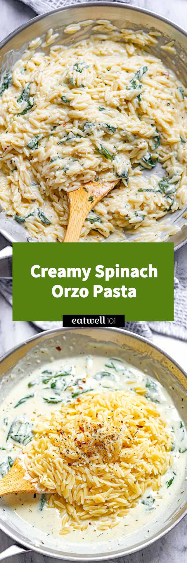 Garlic Parmesan Orzo Pasta with Spinach - #orzo #recipe #eatwell101 - This creamy garlic parmesan orzo with spinach is a family favorite for weeknight dinners! 