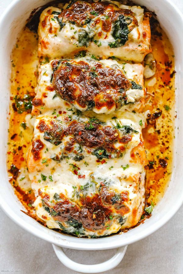 Spinach Salmon Casserole with Cream Cheese and Mozzarella