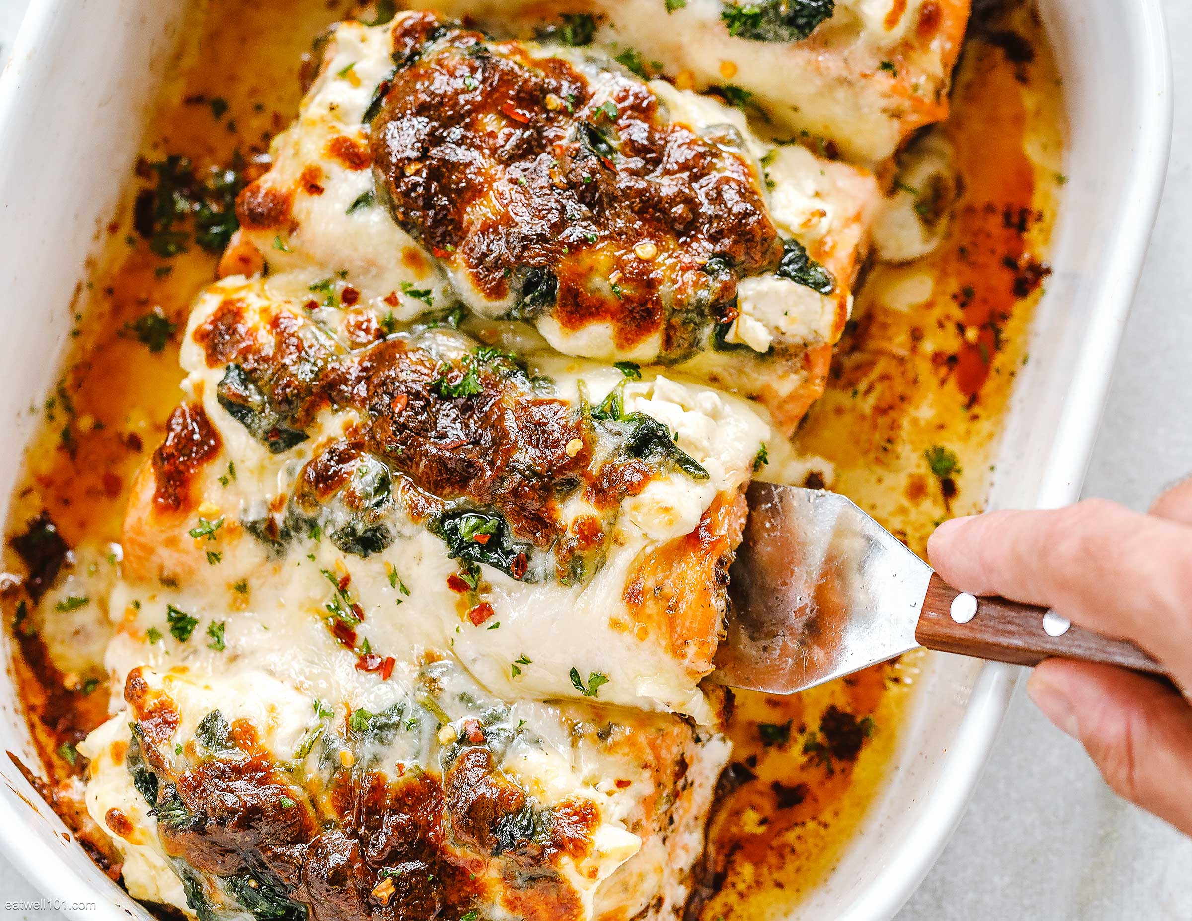 Spinach Salmon Casserole with Cream Cheese and Mozzarella