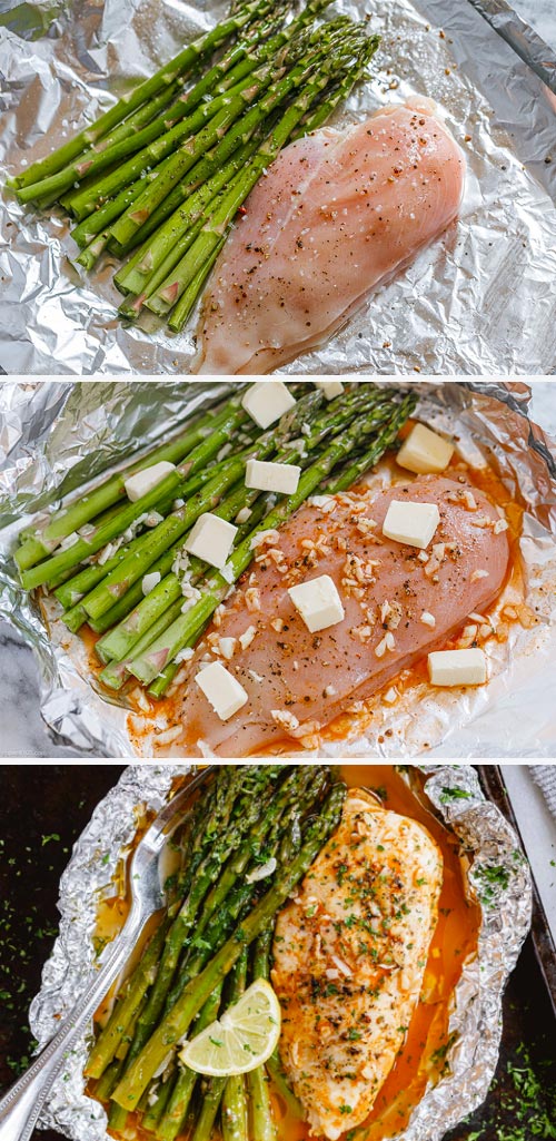 Baked Chicken in Foil Recipe with Asparagus - #chicken #foil-packets #recipe #eatwell101 - These baked garlic butter chicken foil packets are just so easy and so delicious! 