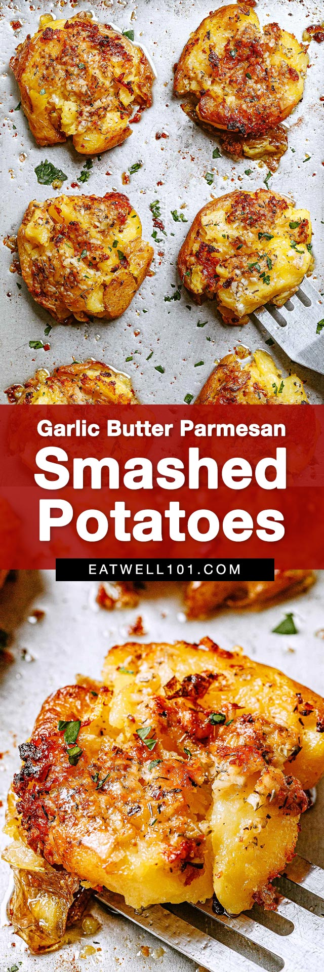 Garlic Butter Parmesan Smashed Potatoes Recipe - #potatoes #baked #recipe #eatwell101 - These garlic butter parmesan smashed potatoes make the ultimate side dish for virtually anything!