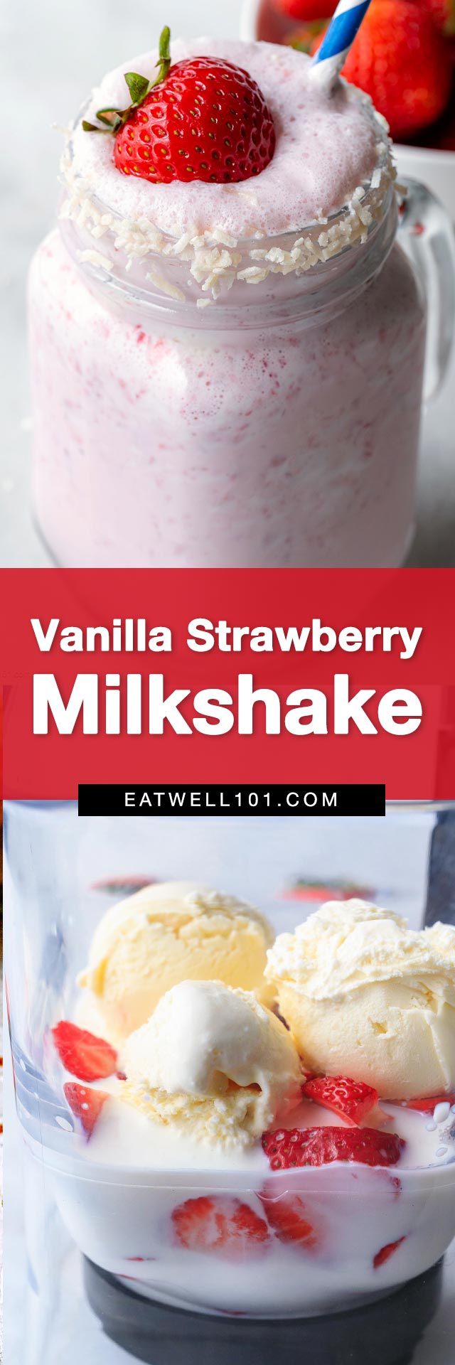 Vanilla Strawberry Milkshake Recipe - #vanilla #strawberry #milkshake #recipe #eatwell101 - This quick and easy vanilla strawberry milkshake is beautifully pink, frosty, and takes just minutes to whip together!