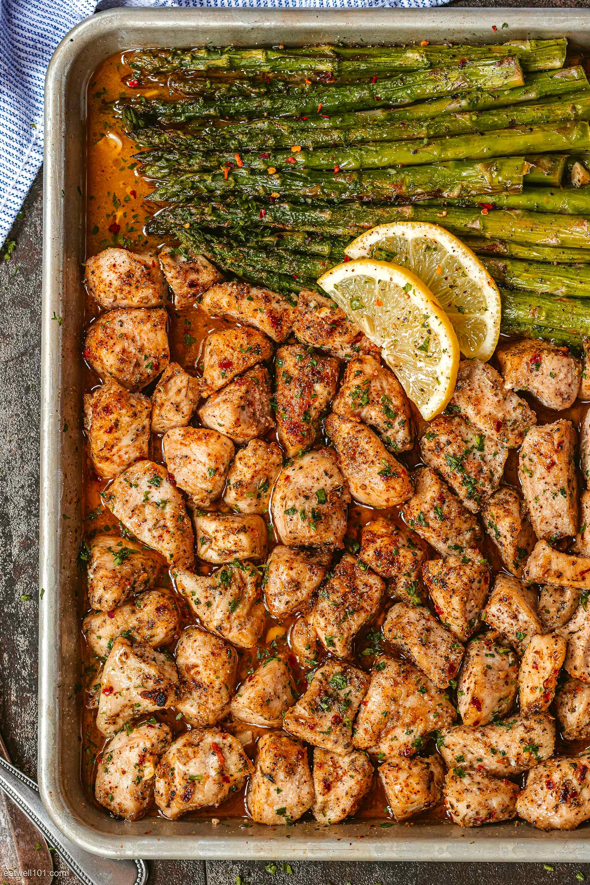Baked Chicken Bites Recipe with Lemon Butter Asparagus