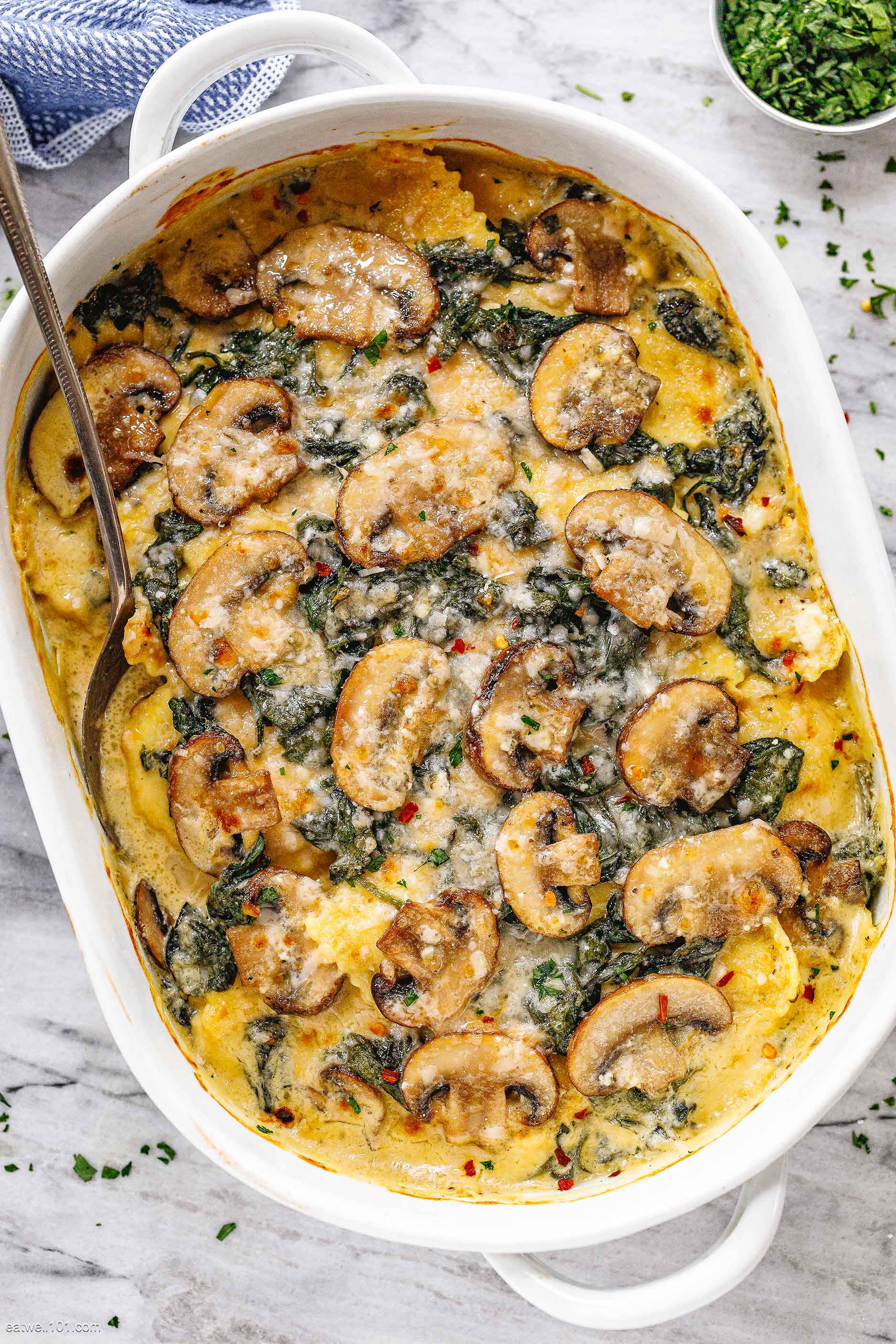 Cheesy Mushroom Ravioli Casserole with Spinach -Christmas Casserole Recipes