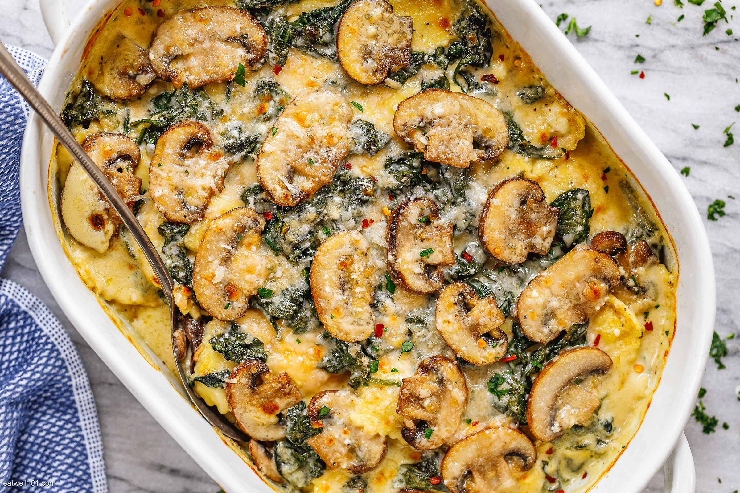 Cheesy Mushroom Ravioli Casserole with Spinach