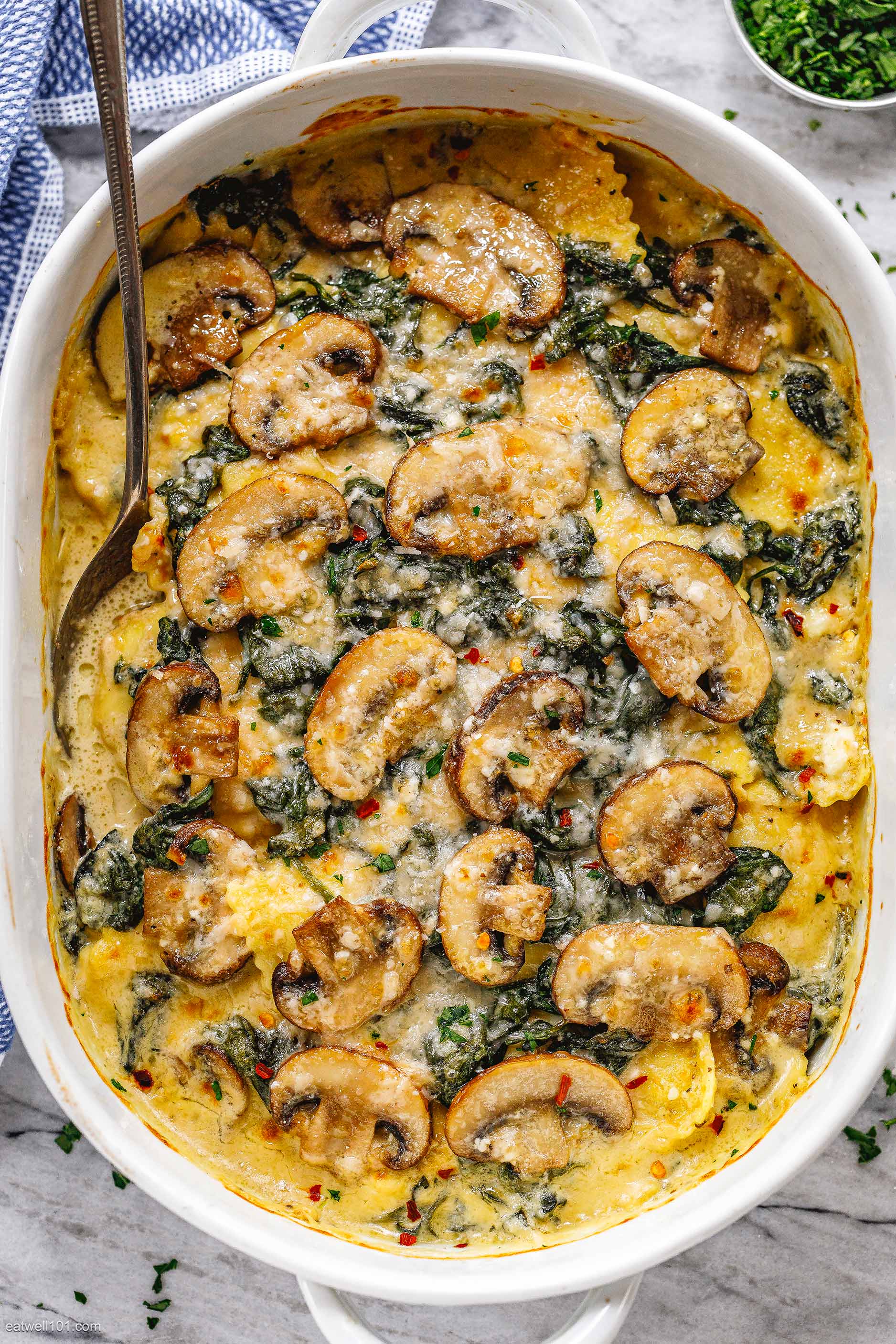 Cheesy Mushroom Ravioli Casserole