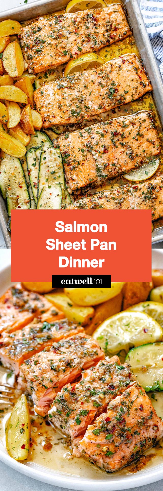 Baked Salmon Sheet Pan Recipe - #salmon #recipe #eatwell101 - Quick and healthy, this salmon sheet pan recipe is a complete family dinner with roasted potatoes and zucchini!