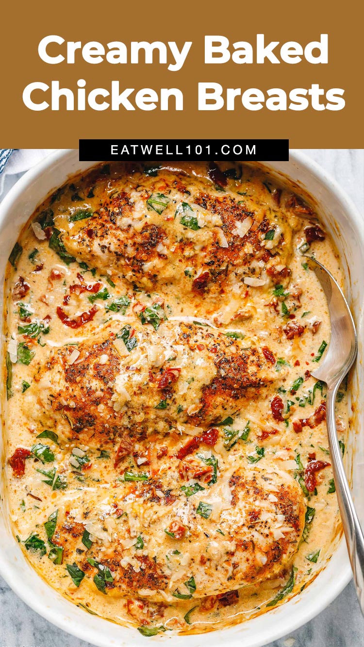 Baked chicken breasts - #baked #chicken #recipe #eatwell101 - With an irresistible creamy sauce filled with sun-dried tomatoes, spinach, and parmesan is a winner of a chicken dinner. 