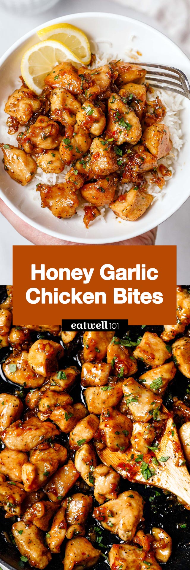 Honey garlic chicken bites - #chicken #honey #garlic #recipe #eatwell101 - The easiest dinner to throw together! Make it all in one skillet and let the flavors blow your mind!