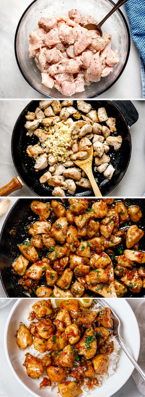 Honey garlic chicken bites - #chicken #honey #garlic #recipe #eatwell101 - The easiest dinner to throw together! Make it all in one skillet and let the flavors blow your mind!