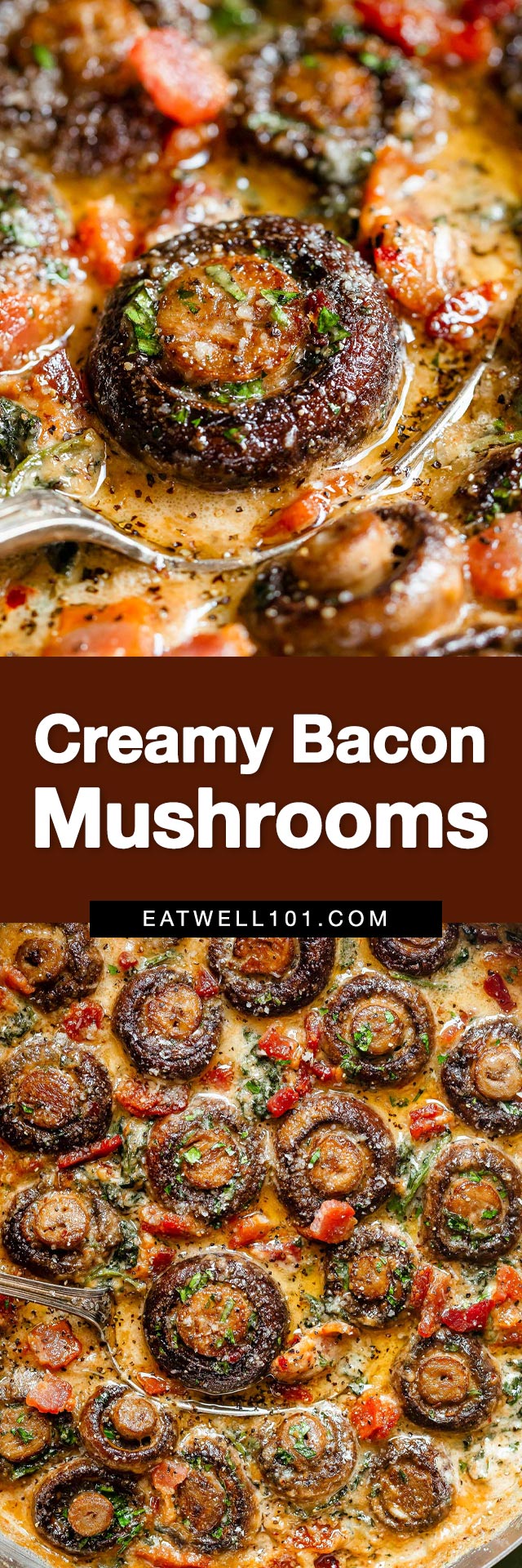 Creamy garlic mushrooms with spinach and bacon - #mushrooms #recipe #eatwell101 - As a side dish or main, the best low carb/keto mushroom recipe ever!