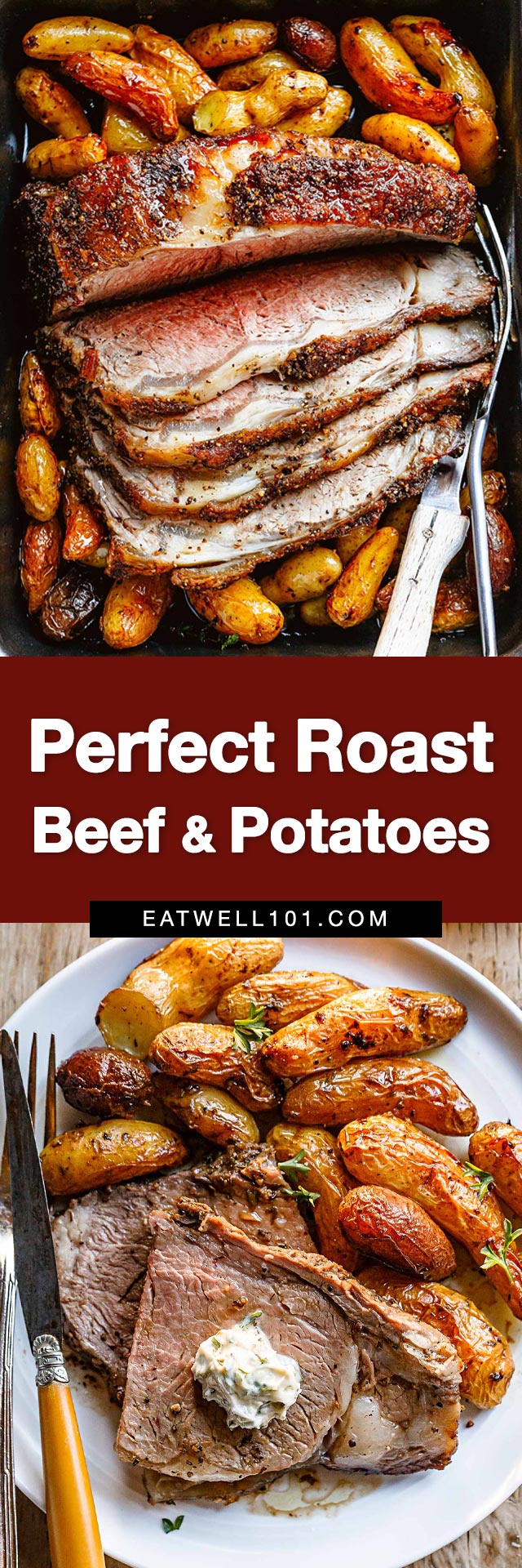 PerfectRoastBeef Recipe - #roast #beef #recipe #eatwell101 - A tender roast beef on top of rich fingerling potatoes with incredible flavors.