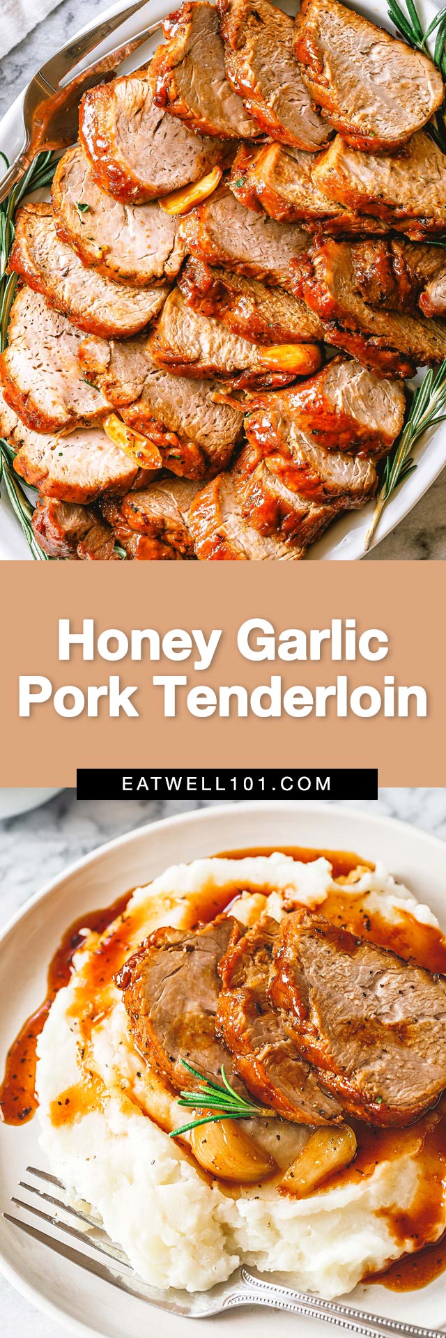 Honey Garlic Pork Tenderloin - #pork #tenderloin #recipe #eatwell101 - How to make pork tenderloin cooked with the most incredible honey garlic sauce! The best easy pork tenderloin recipe for an easy dinner idea.
