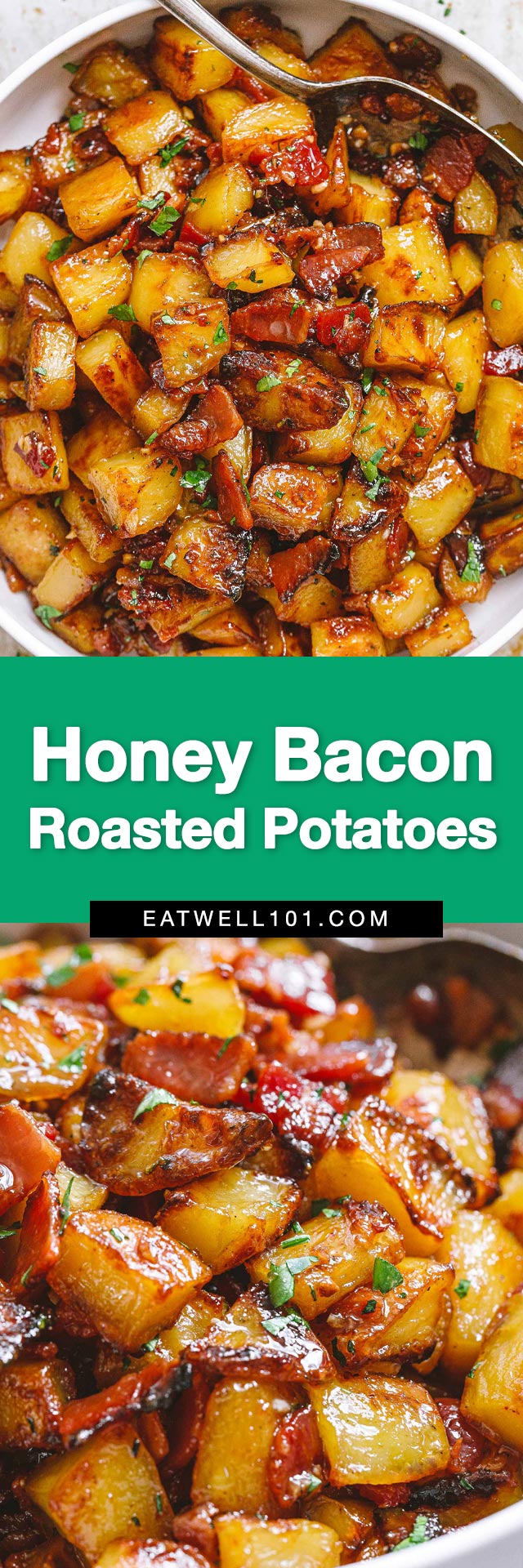 Honey Bacon Roasted Potatoes Recipe - #roasted #potatoes #recipe #eatwell101 - Roasted potatoes are glazed with a delicious honey bacon sauce. This is the best roasted potatoes recipe to serve with your favorite steak, pork chops, or roast chicken!