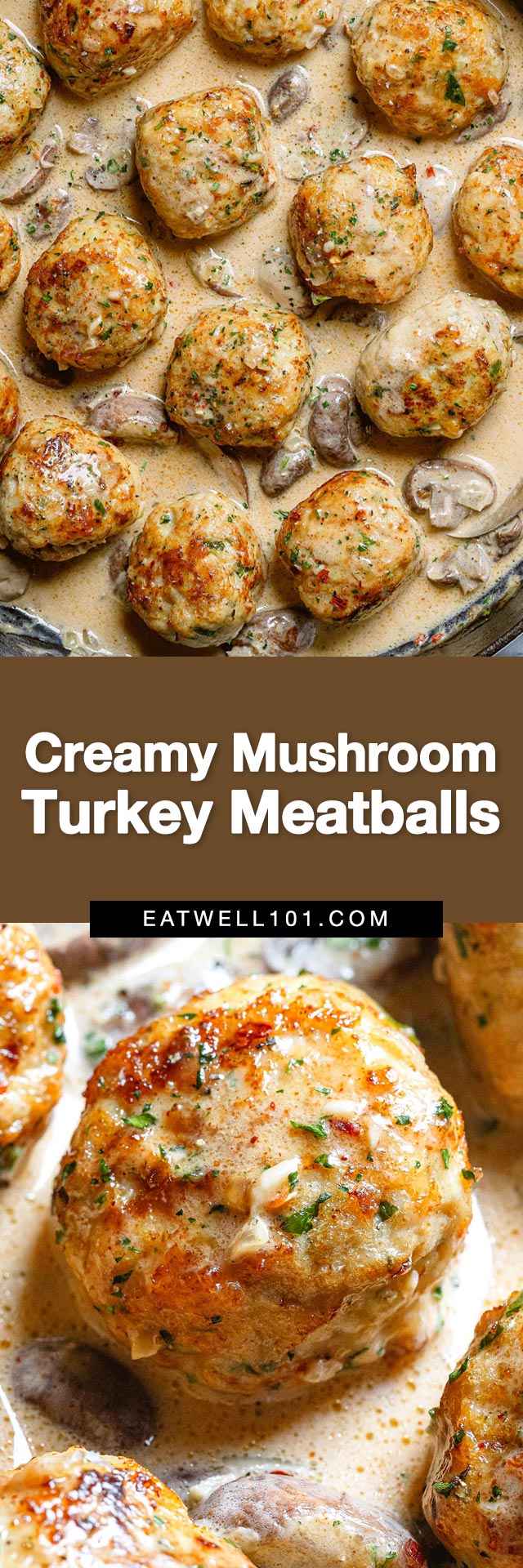 Creamy Mushrooms Turkey Meatballs Recipes - #turkey #meatballs #recipe #eatwell101 - Mushroom turkey meatballs are seared and simmered in a rich and delicious mushroom sauce.