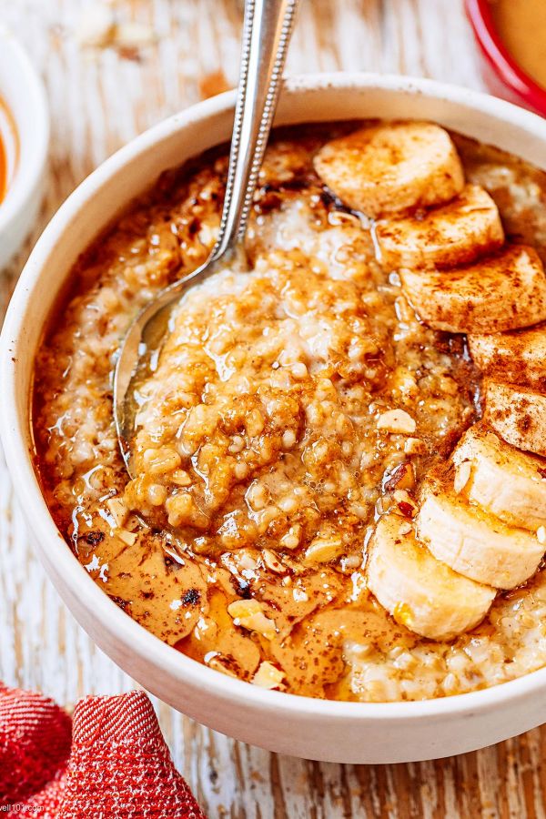 Instant Pot Banana Peanut Butter Steel Cut Oats - #recipe by #eatwell101 - https://www.eatwell101.com/instant-pot-steel-cut-oats-recipe