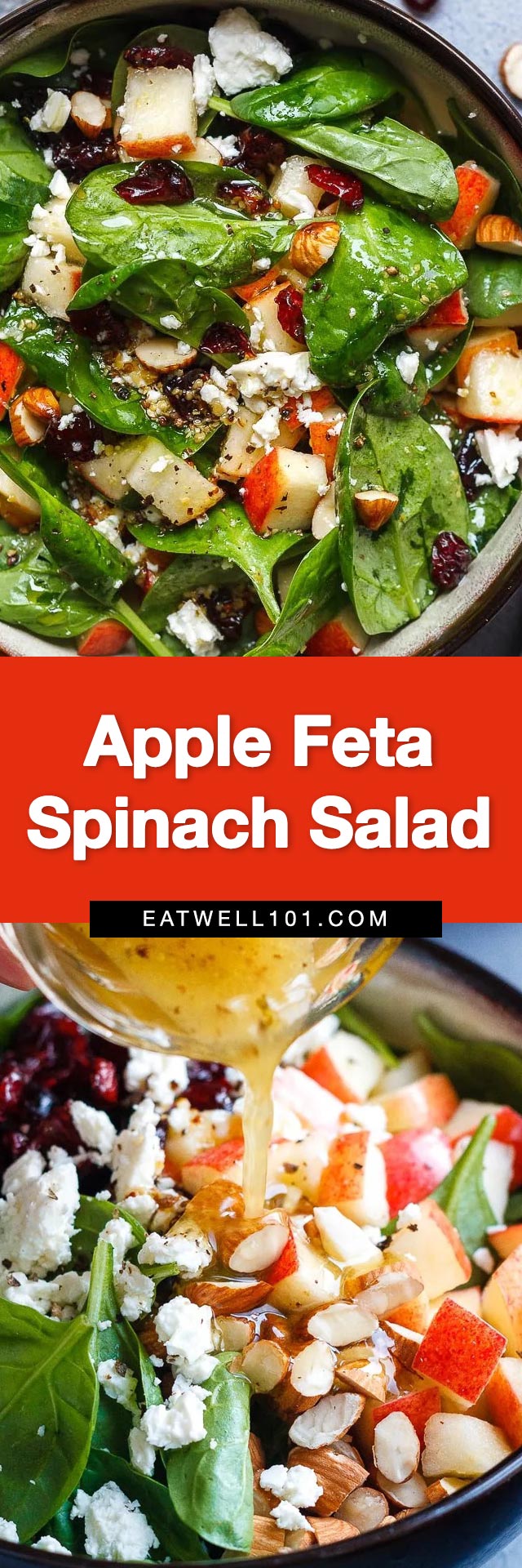 Apple Almond Feta Spinach Salad - #spinach #salad #recipe #eatwell101 - Crunchy, sweet and easy to make, this healthy spinach salad is full of fresh flavors.