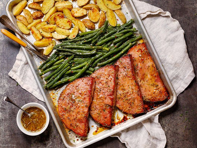 Ham Steaks Sheet Pan Dinner with Green Beans and Potatoes