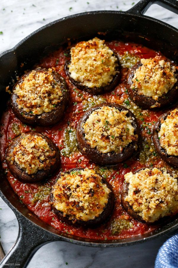 Baked Cheese Pesto Stuffed Mushrooms - #recipe by #eatwell101 - https://www.eatwell101.com/baked-five-cheese-stuffed-mushrooms-recipe